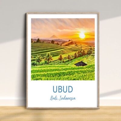 Framed sunset over rice fields in Ubud, Bali.
