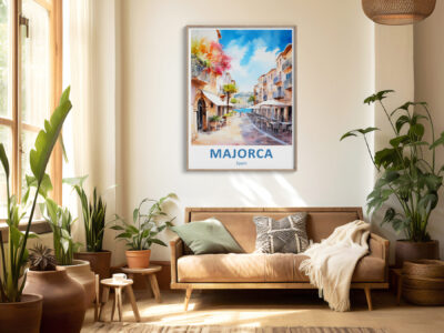 Cozy living room with Majorca poster, plants, and sunlight.