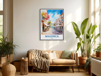 Cozy living room with Majorca poster.