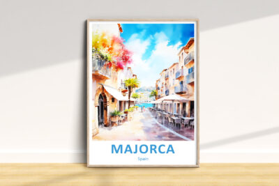Colorful Majorca street painting with cafes and flowers.