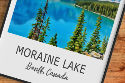 Moraine Lake poster with vibrant blue waters, Banff, Canada.