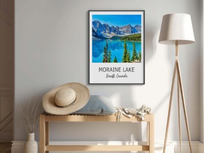 Modern room with Moraine Lake artwork.