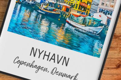 Colorful Nyhavn harbor illustration in Copenhagen, Denmark