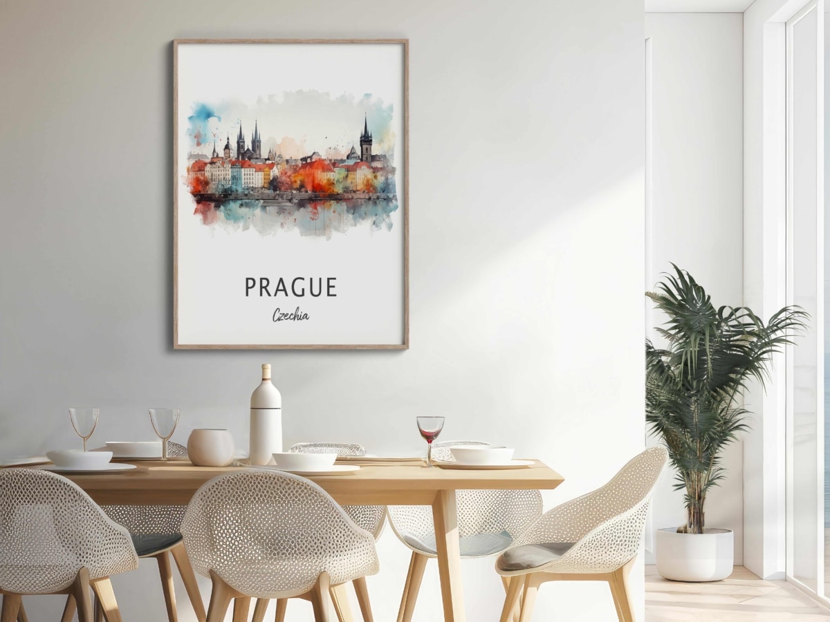 Modern dining room with Prague artwork on wall.