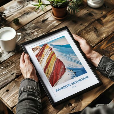 Hands holding framed Rainbow Mountain photograph on table.