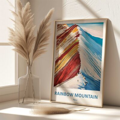 Framed Rainbow Mountain poster beside pampas grass vase.