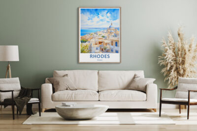Cozy living room with Rhodes Greece poster.