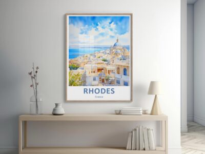 Framed Rhodes, Greece poster on white wall.