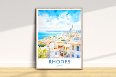 Watercolor of Rhodes cityscape, Greece in a frame.