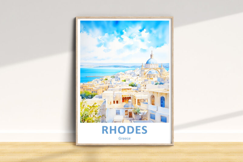 Watercolor of Rhodes cityscape, Greece in a frame.
