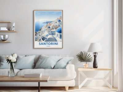 Minimalist living room with Santorini poster.