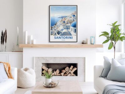 Santorini poster above modern fireplace.