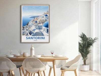 Modern dining room with Santorini poster on wall.
