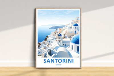Santorini poster with blue domes and sea view.