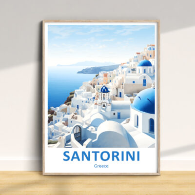 Santorini poster with blue domes and sea view.