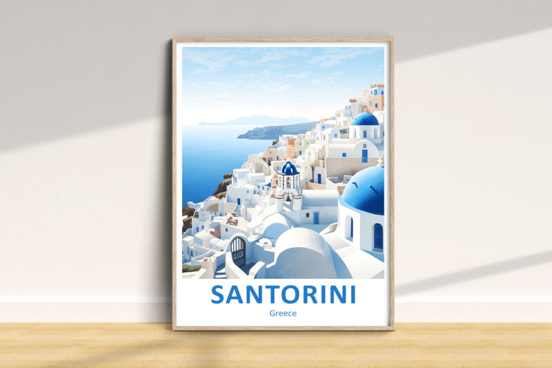 Santorini poster with blue domes and sea view.