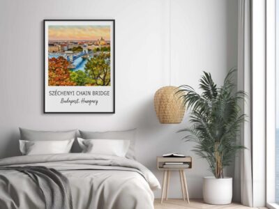 Széchenyi Chain Bridge poster above bed in bedroom.