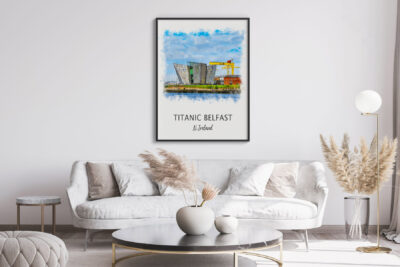 Modern living room with Titanic Belfast artwork.