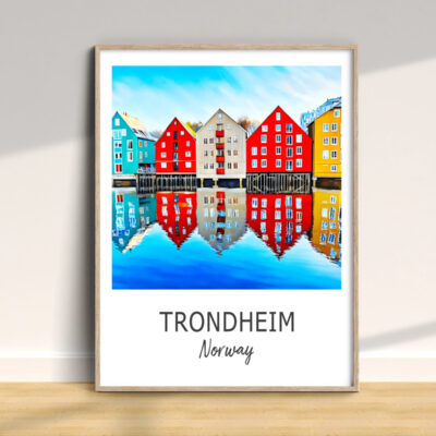Colorful Trondheim Norway buildings reflecting on water.