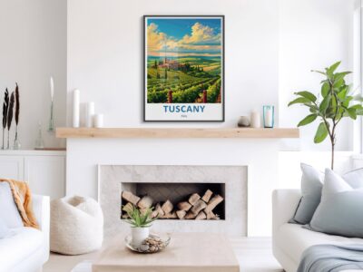 Modern living room with framed Tuscany poster.