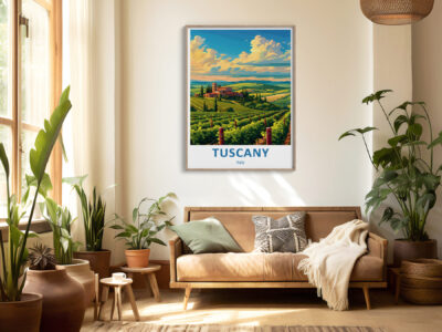 Cozy room with Tuscany landscape poster.