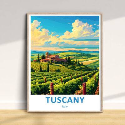 Tuscany landscape poster with vineyards and hills.