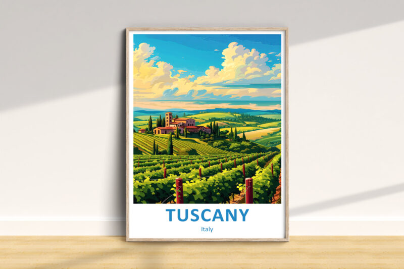 Tuscany landscape poster with vineyards and hills.