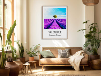 Living room with plants and lavender field poster