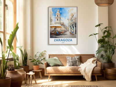 Cozy living room with Zaragoza travel poster.