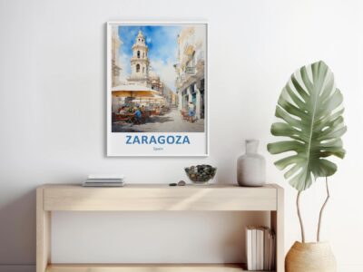 Zaragoza Spain wall art above modern console table.
