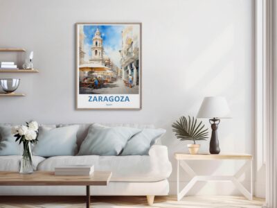 Modern living room with Zaragoza, Spain artwork.
