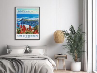 Cape of Good Hope poster above bedroom bed.