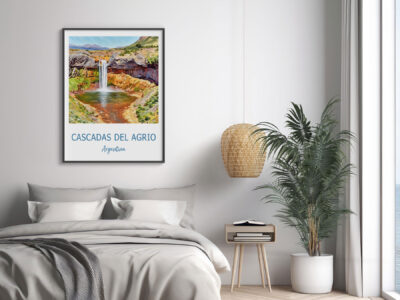Bedroom with waterfall art print on wall.