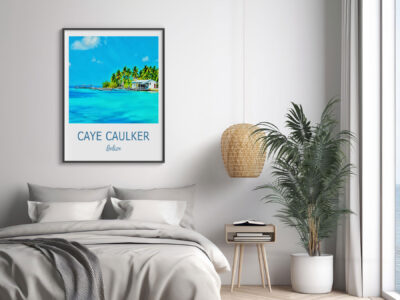 Bedroom with Caye Caulker poster and palm decor.