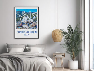 Bedroom with Copper Mountain poster and plant decor.