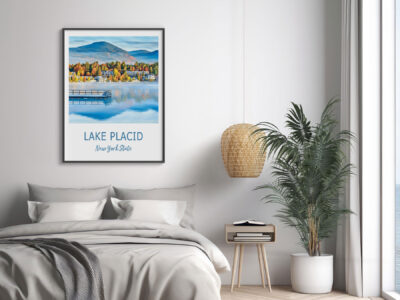 Lake Placid poster above modern bedroom setting.