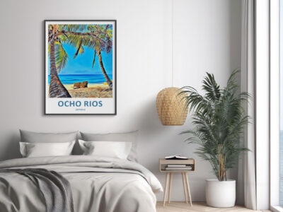 Tropical beach art in modern bedroom decor scene.