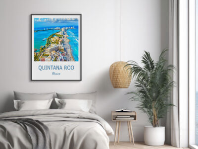 Modern bedroom with Quintana Roo poster on wall.