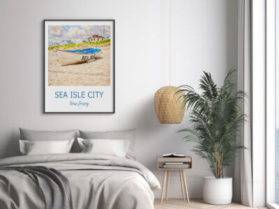 Framed Sea Isle City print above modern bed
