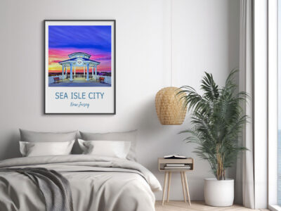 Sea Isle City poster in modern bedroom decor.