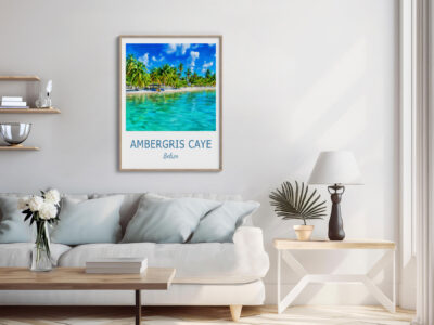 Living room with Ambergris Caye beach artwork.