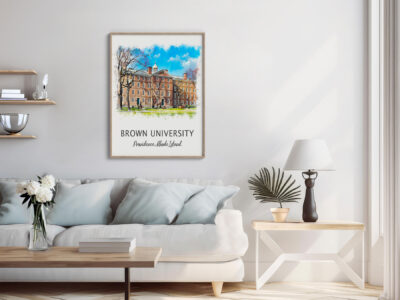 Interior with Brown University artwork and furniture
