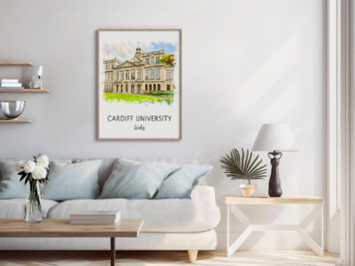 Cozy living room with Cardiff University wall art.