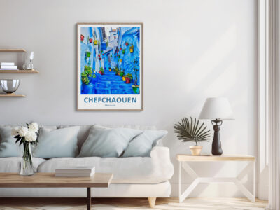 Living room with Chefchaouen poster on wall.