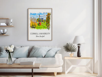 Living room with Cornell University art on wall.