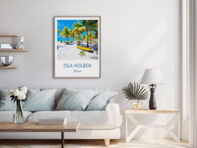 Cozy living room with Isla Holbox poster decor.