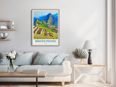 Machu Picchu poster in modern living room.