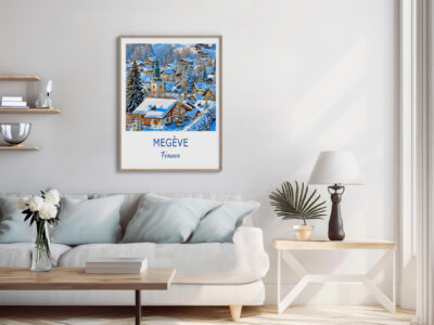 Cozy living room with Megève France poster.