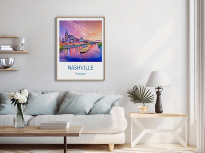 Nashville skyline poster in modern living room.