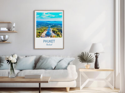 Living room with framed Phuket poster on wall.